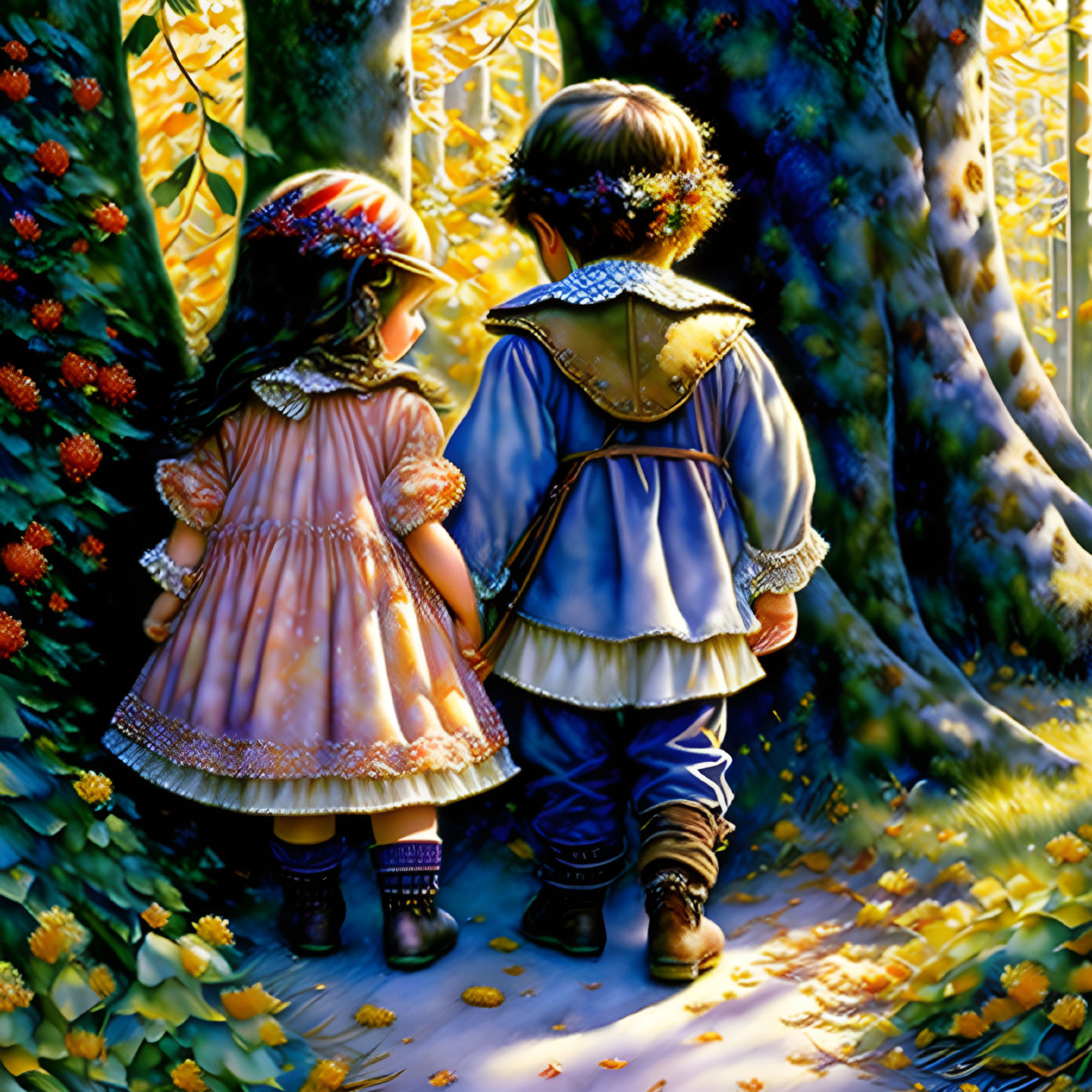 Children in vintage attire exploring magical forest with golden light and vibrant berries.