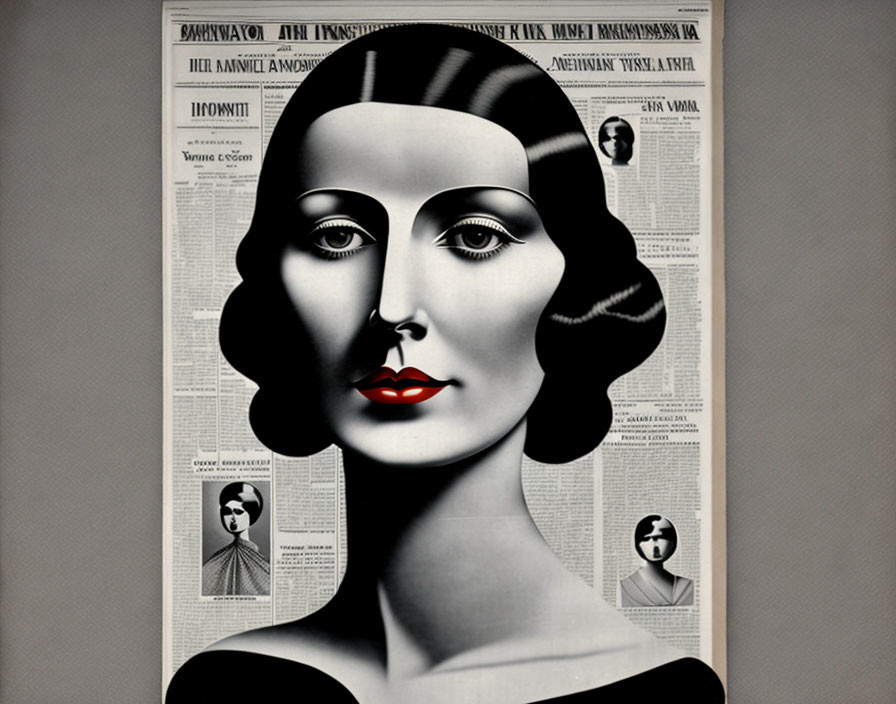 Monochrome artistic portrait of a woman with red lips on a Cyrillic newspaper backdrop