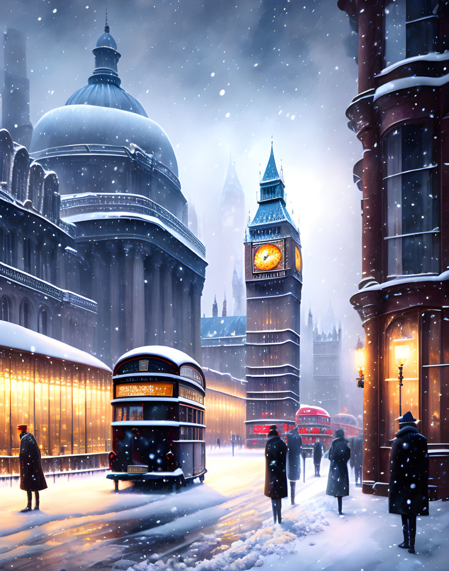 Snowy London Winter Scene: Big Ben, Red Buses, Warmly Dressed People, and