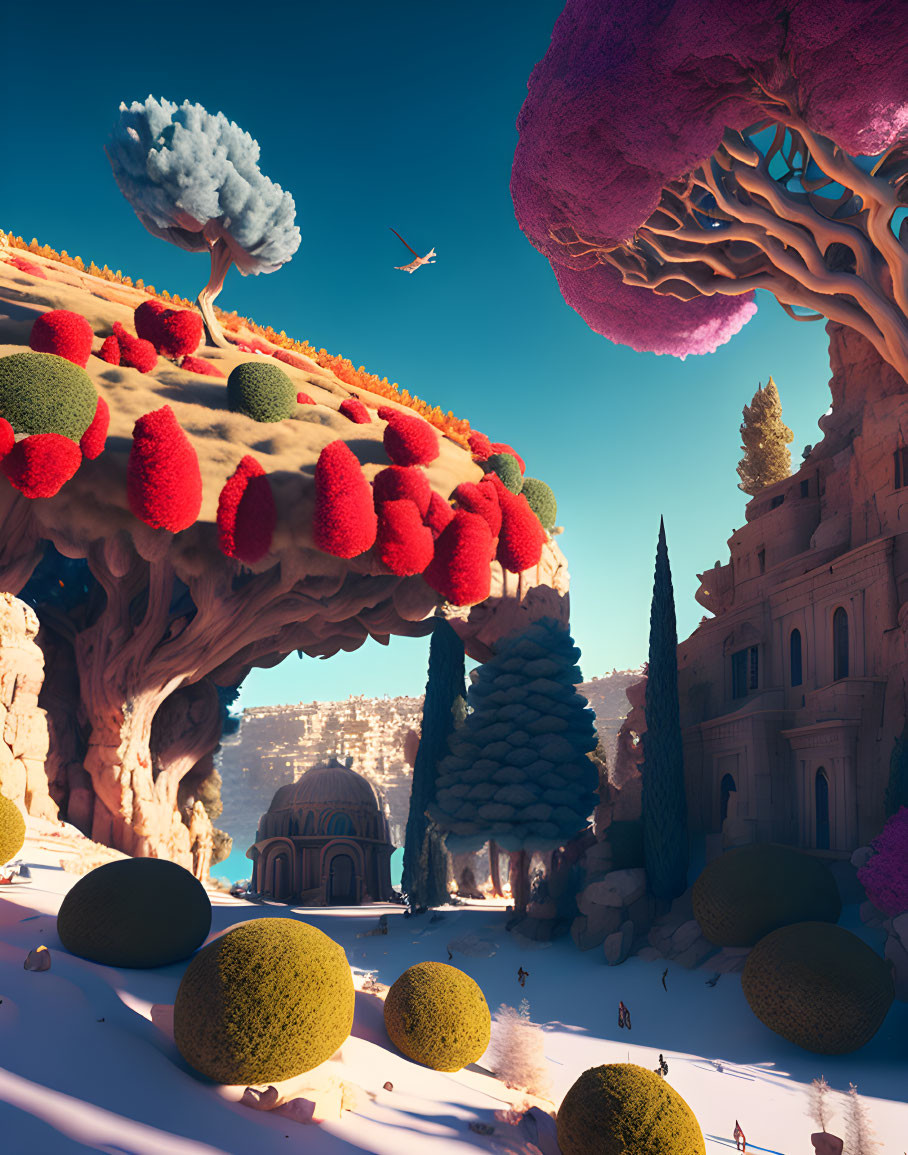 Colorful oversized mushrooms and ruins in surreal landscape.