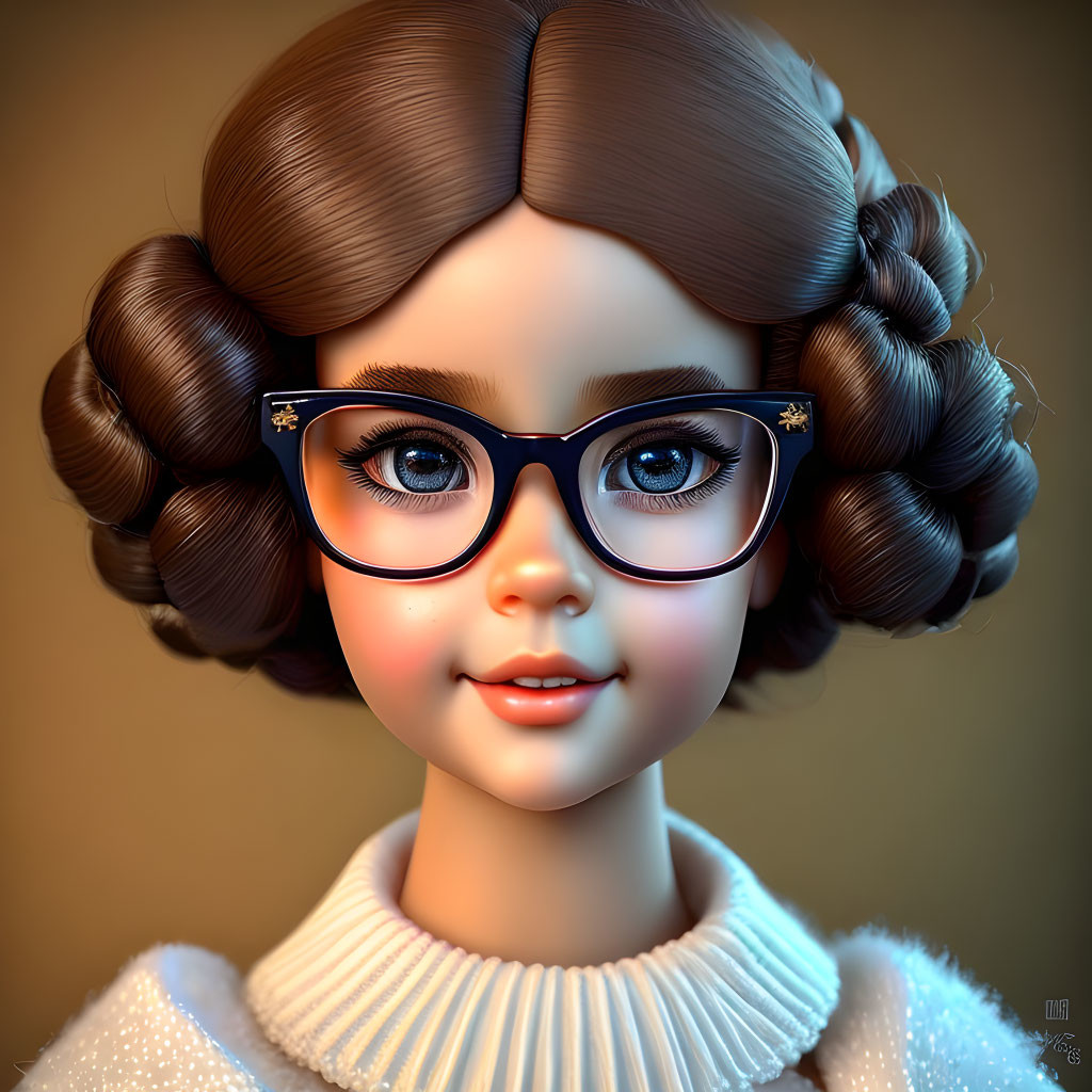 Young girl 3D illustration: blue eyes, glasses, dual buns, white sweater