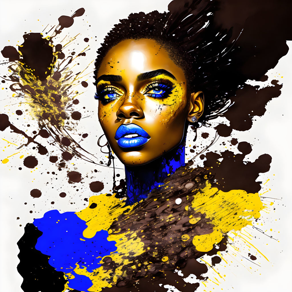 Vibrant digital portrait of a woman with blue makeup on dynamic background