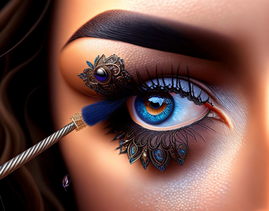 Detailed digital artwork of blue-eyed person with elaborate eyeliner and jewel, makeup brush near lower lashes