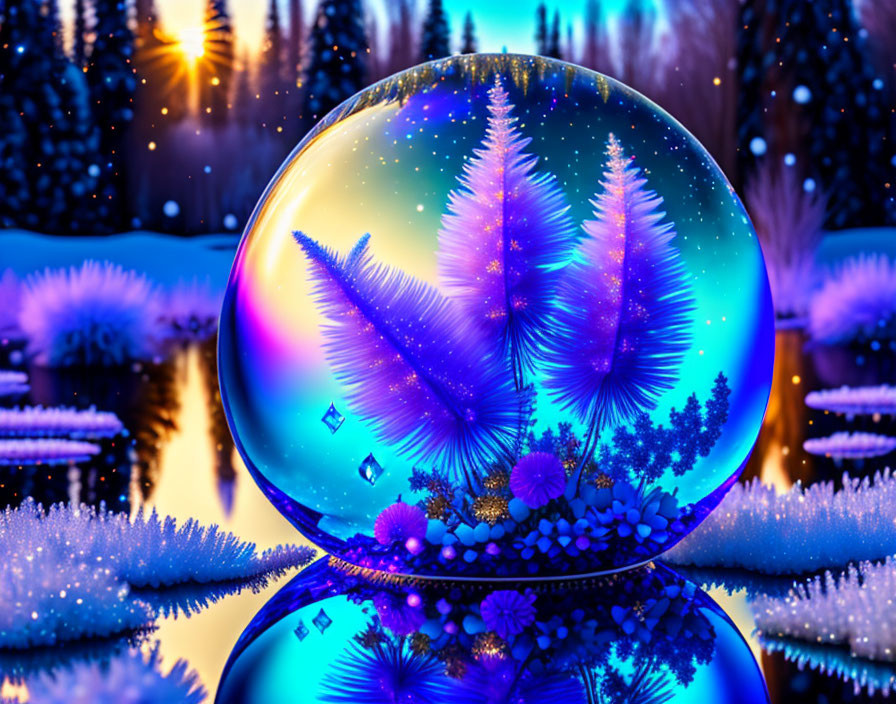 Colorful Crystal Ball Winter Scene with Snowflakes and Pine Trees