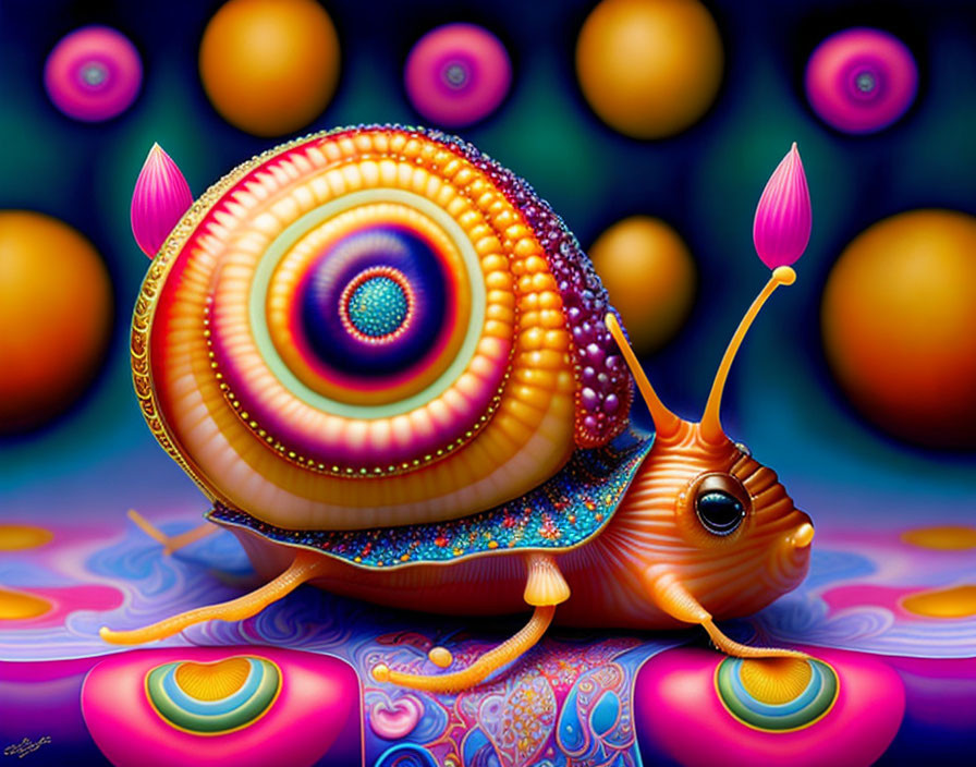 Colorful Psychedelic Snail Illustration with Orbs and Florals