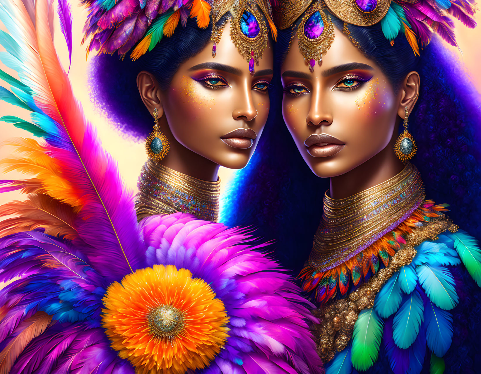 Two women in feather headdresses and golden jewelry on colorful backdrop