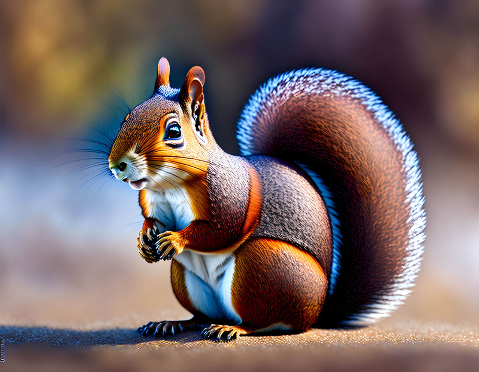 Detailed illustration of a fluffy-tailed squirrel in orange, brown, and white colors