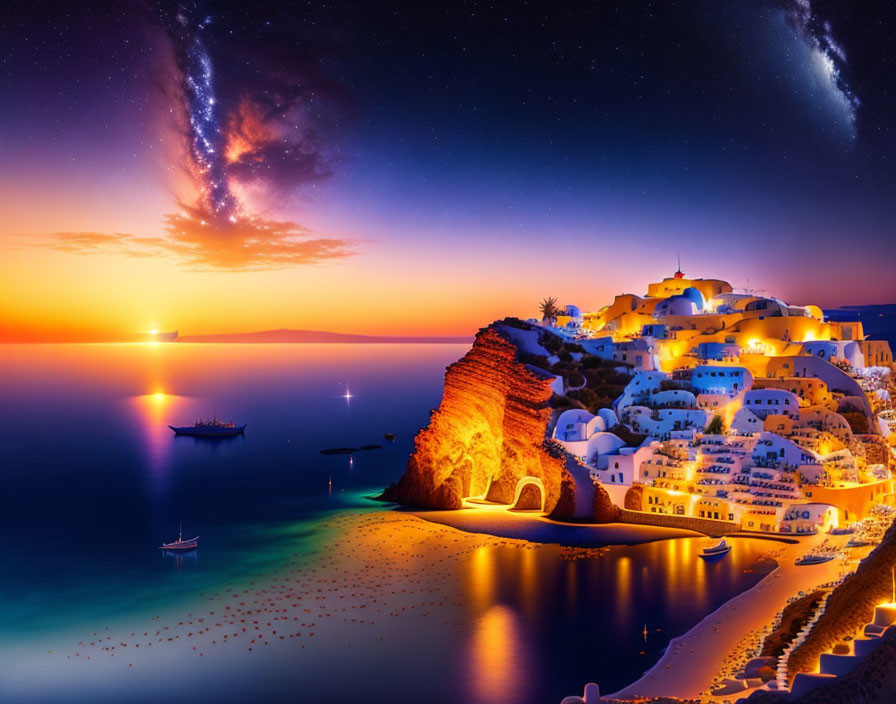 Picturesque coastal town at twilight with vibrant sunset and starry sky