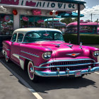 Colorful classic car and bus in vibrant urban setting with graffiti, creating psychedelic atmosphere.