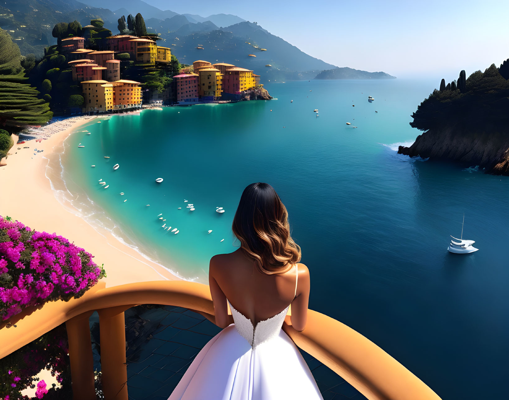 Woman in white dress gazes at coastal village with sandy beach and azure waters