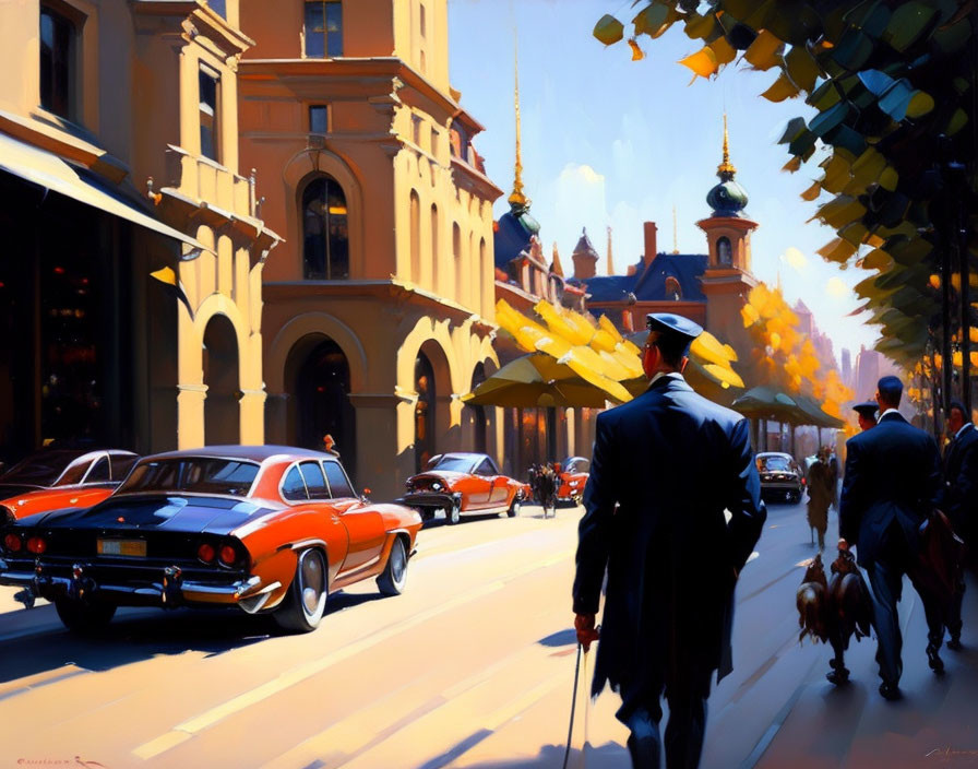 City street scene with vintage cars, pedestrians, and autumn leaves in lively painting style