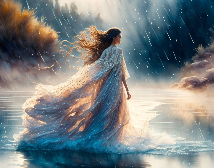 Woman in blue gown standing in water with billowing hair in serene dusk landscape.