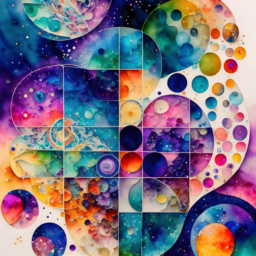 Colorful Fibonacci Spiral with Cosmic and Aquatic Themes in Watercolor Art