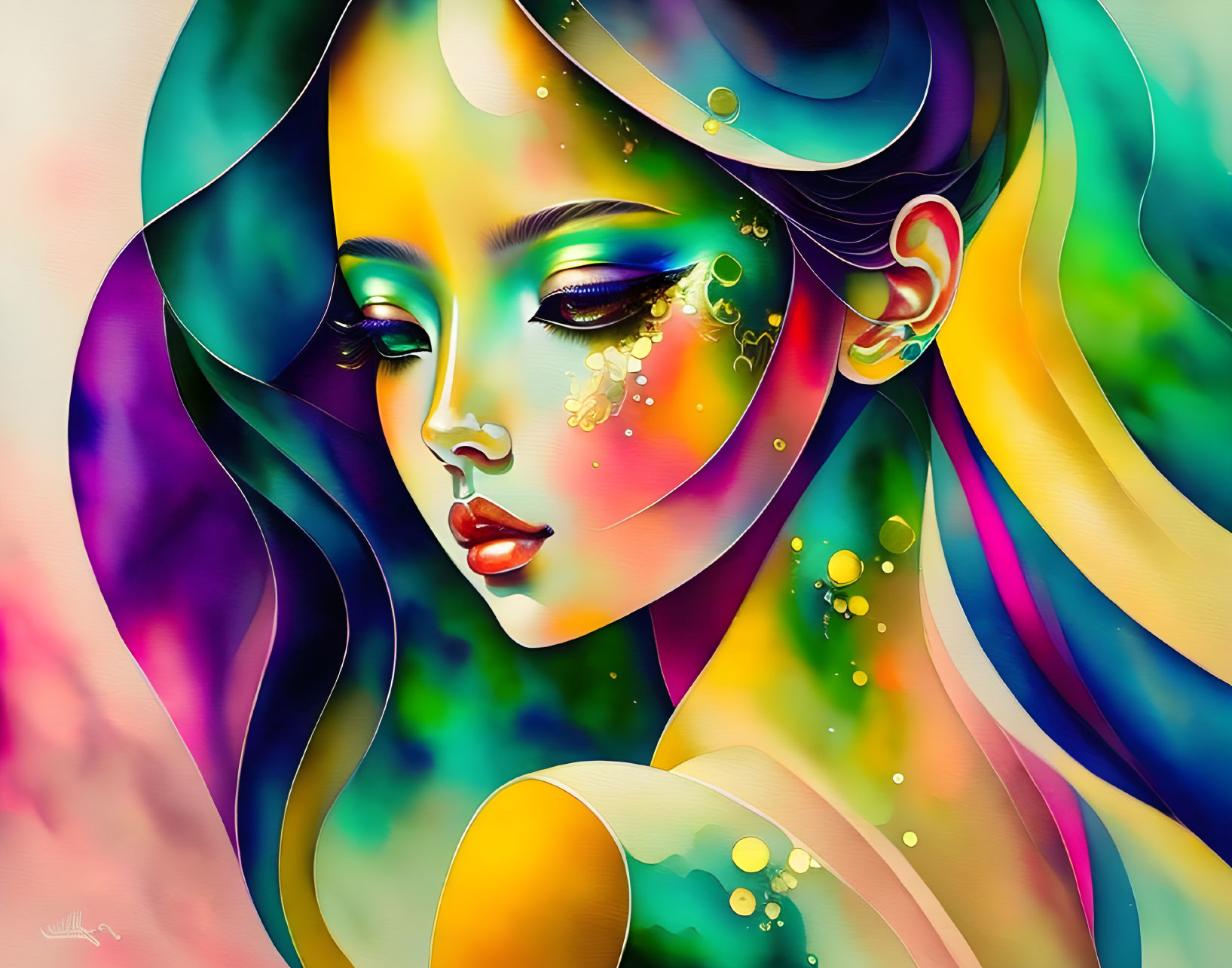 Colorful Stylized Woman Illustration with Whimsical Makeup