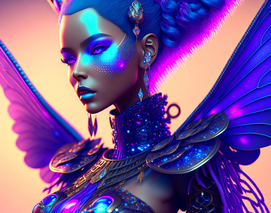 Digital portrait of female figure with blue skin, gold jewelry, and butterfly wings on warm backdrop