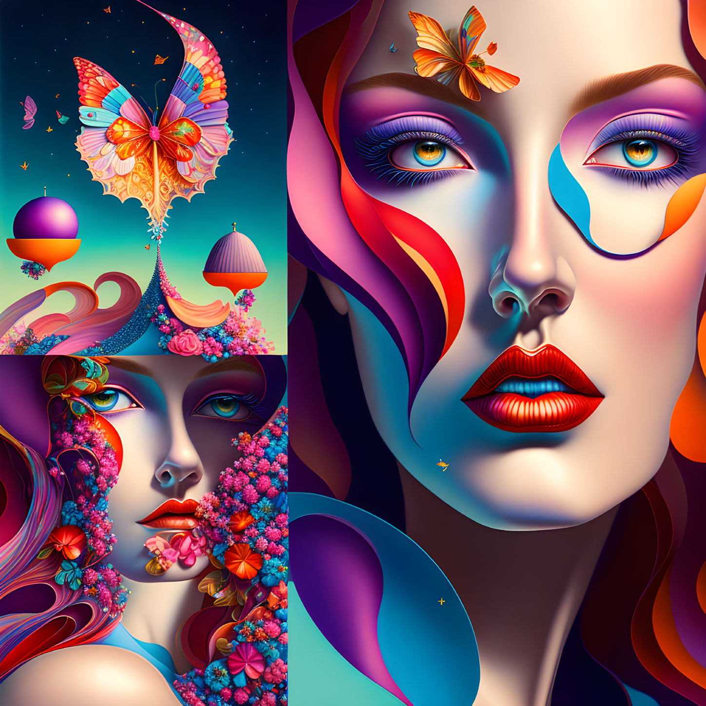 Surrealist digital art: Two female faces with floral and butterfly motifs on whimsical landscapes