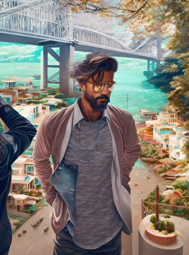 Fashionable man with sunglasses in front of vibrant waterfront scene.