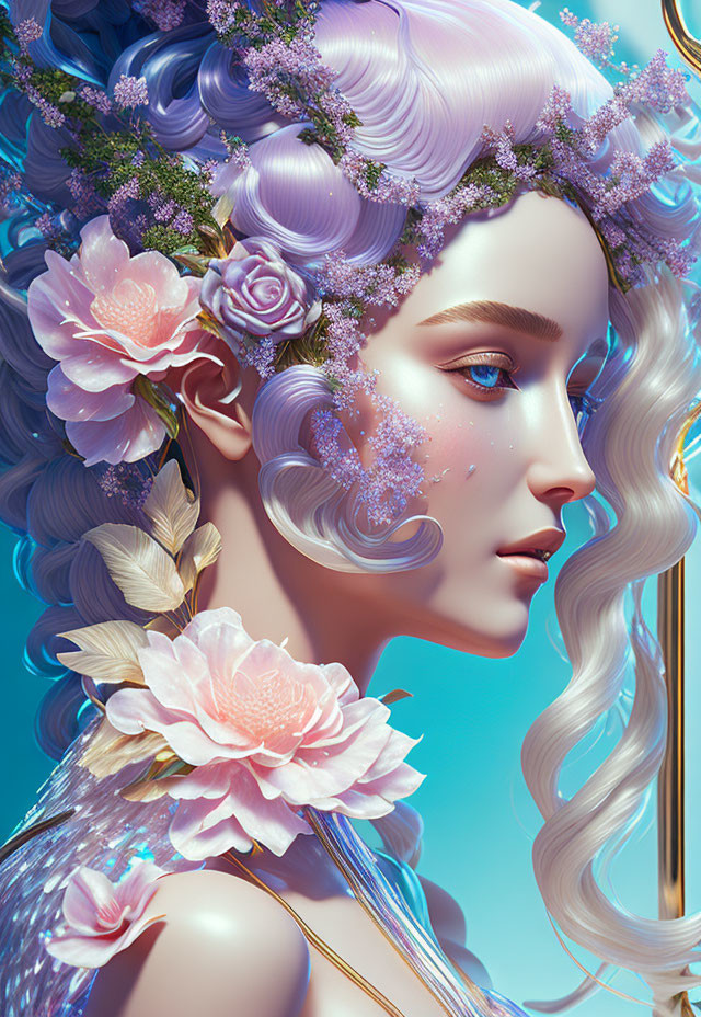 Digital artwork: Female with purple hair and floral wreath, serene expression