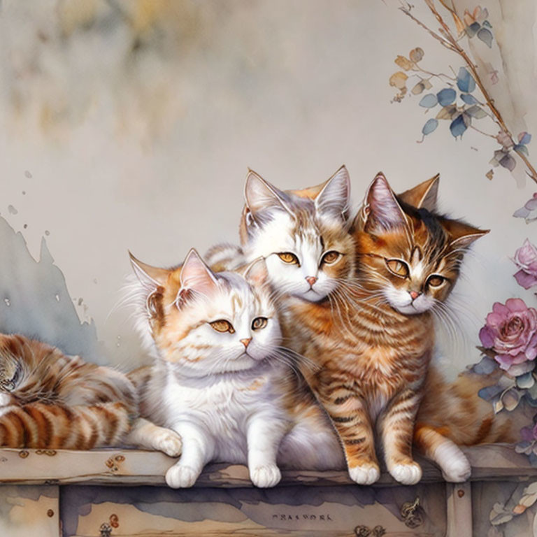 Four Orange and White Patterned Cats on Floral Background