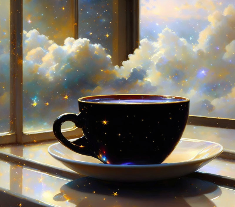 Cosmic-themed cup of coffee on saucer reflects starry universe and fluffy clouds by window