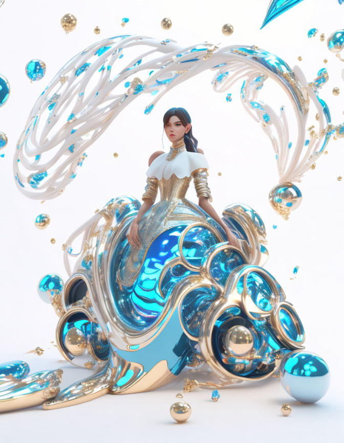 Digital artwork featuring woman in blue & gold dress with dynamic swirls and spheres