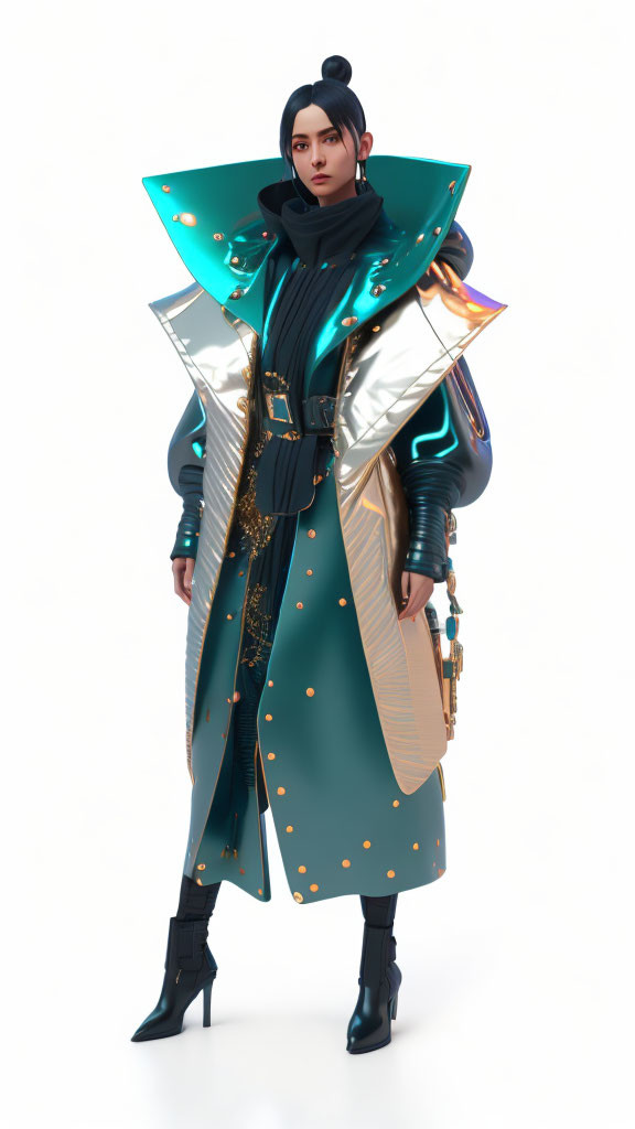 Futuristic woman in teal coat with glowing elements & high collar