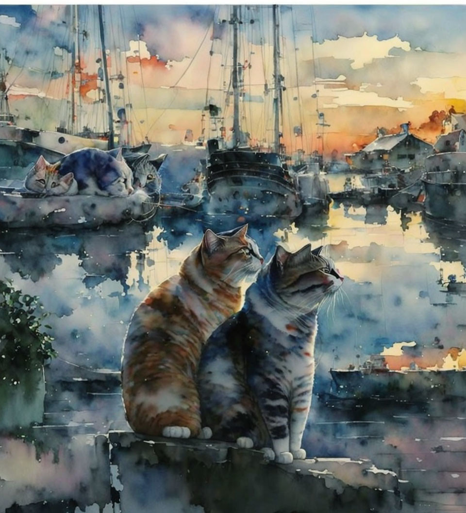 Two cats on a dock watching sailboats at sunset in watercolor