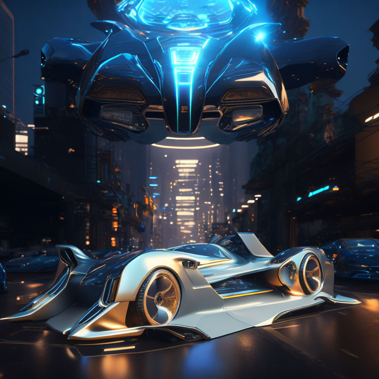 Futuristic silver sports car with blue lighting hovering over neon-lit city street