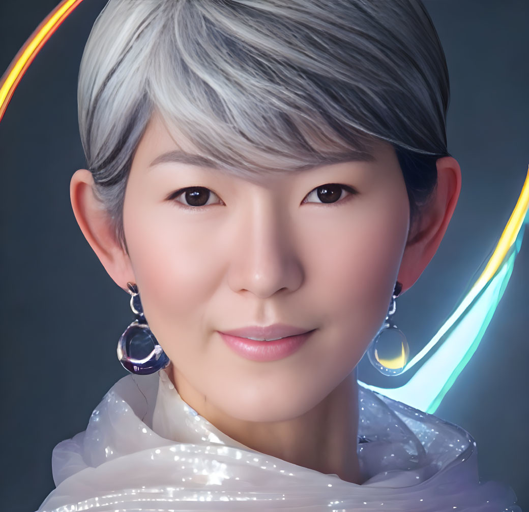 Portrait of East Asian Woman with Short Silver Hair and Neon Lights