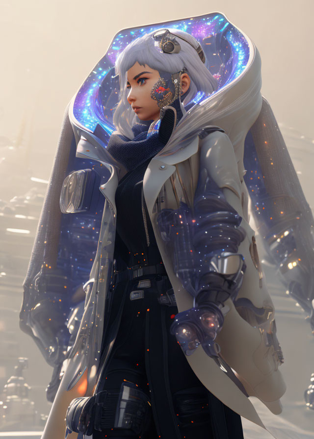 Silver-haired futuristic female with cybernetic enhancements in high-tech suit