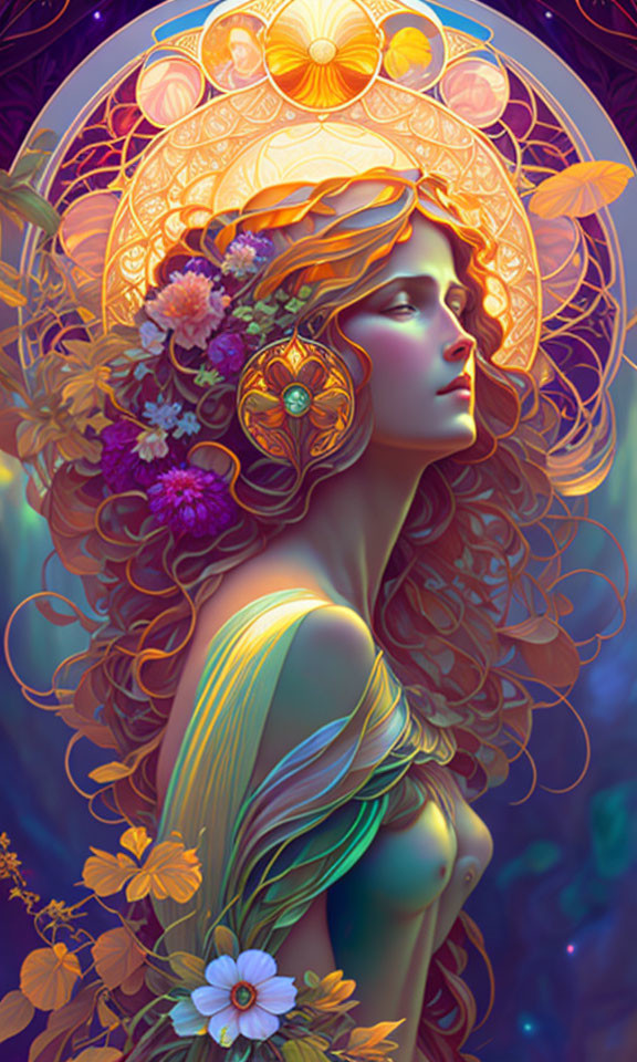 Ethereal woman with flowing hair and vibrant flowers in mystical setting