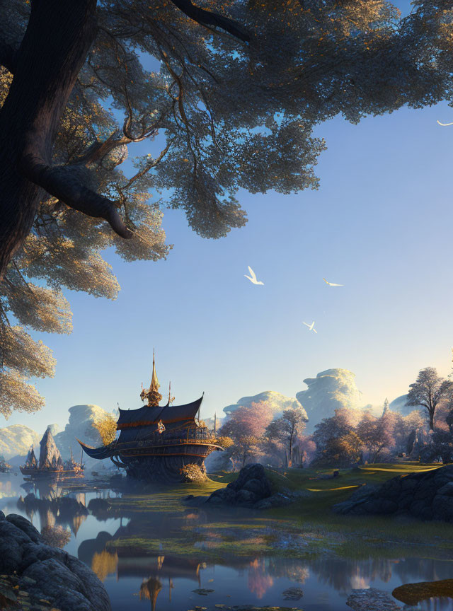 Fantasy landscape at sunset with pagoda, rock formations, and birds.