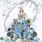 Digital artwork featuring woman in blue & gold dress with dynamic swirls and spheres