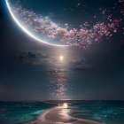 Tranquil night seascape with crescent moon, cherry blossoms, and star-studded sky