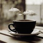 Cosmic-themed cup of coffee on saucer reflects starry universe and fluffy clouds by window