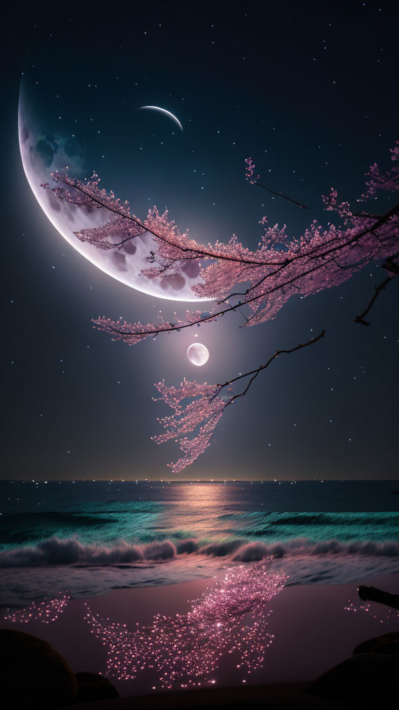 Tranquil night seascape with crescent moon, cherry blossoms, and star-studded sky