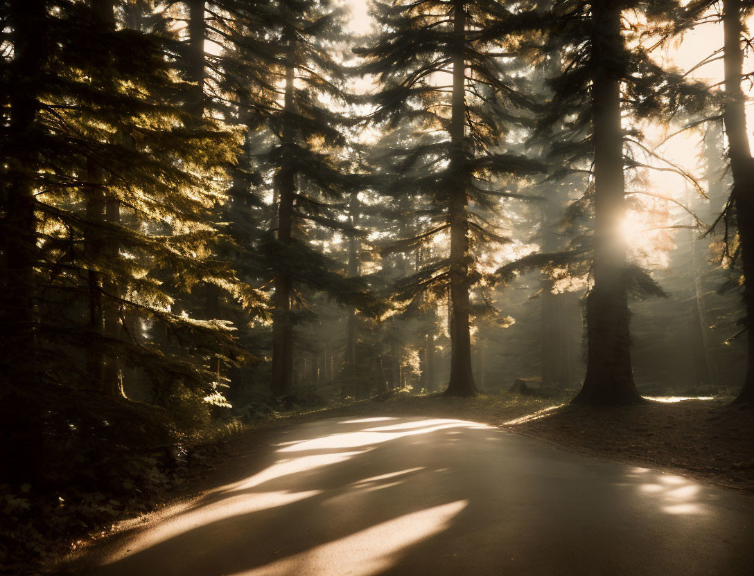 Tranquil forest landscape with sunlight filtering through tall trees