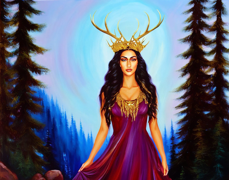 Golden antler crown woman in purple dress against forest backdrop