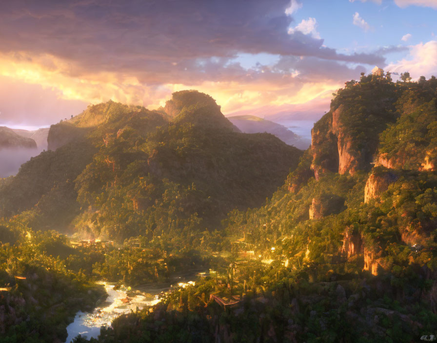 Serene sunrise over lush valley with river, misty forests, and rocky cliffs