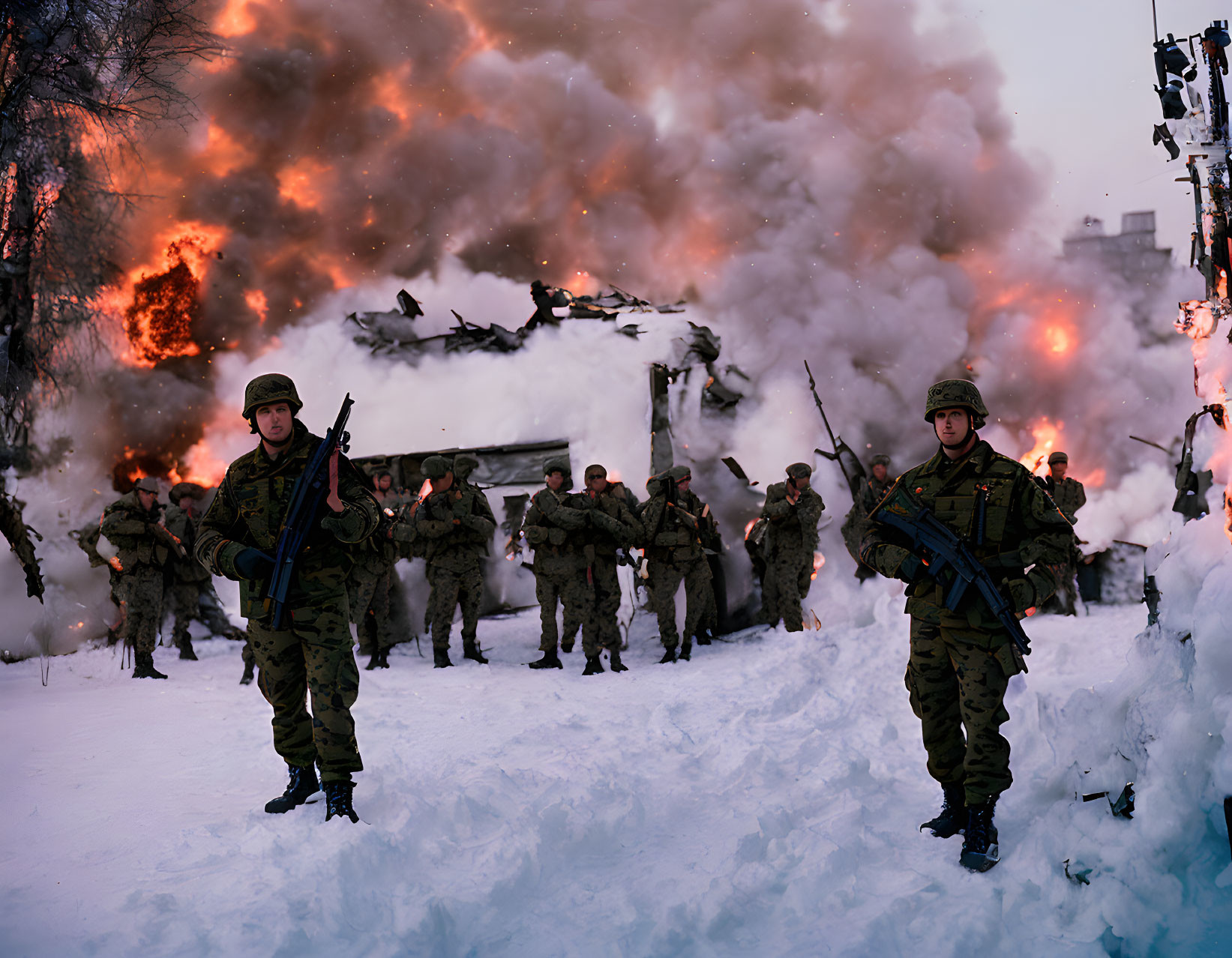 Soldiers in winter gear with rifles in snowy setting near fiery explosion.