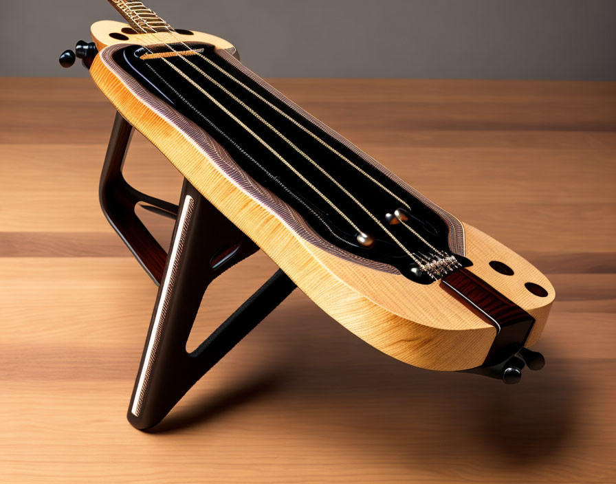 Detailed Close-Up of Acoustic Guitar on Stand with Wooden Texture and Strings