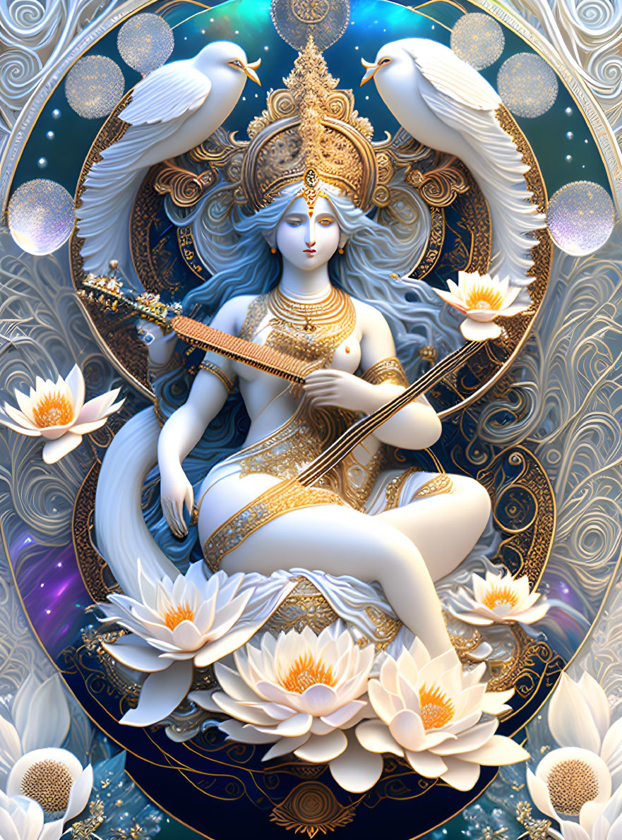 Blue-skinned deity playing instrument surrounded by doves, lotus flowers, and golden ornaments