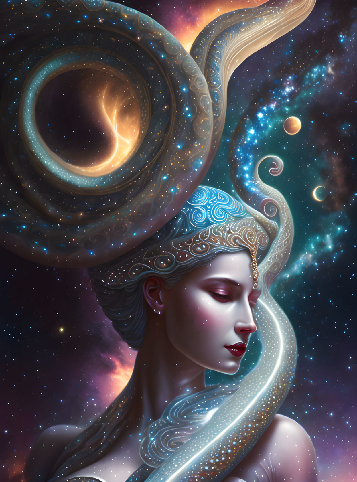 Celestial female figure with galaxy headdress and planetary jewelry on starry space background