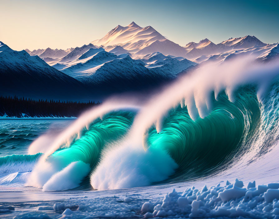 Surreal landscape: icy mountains, pastel sky, turquoise waves, snow shores