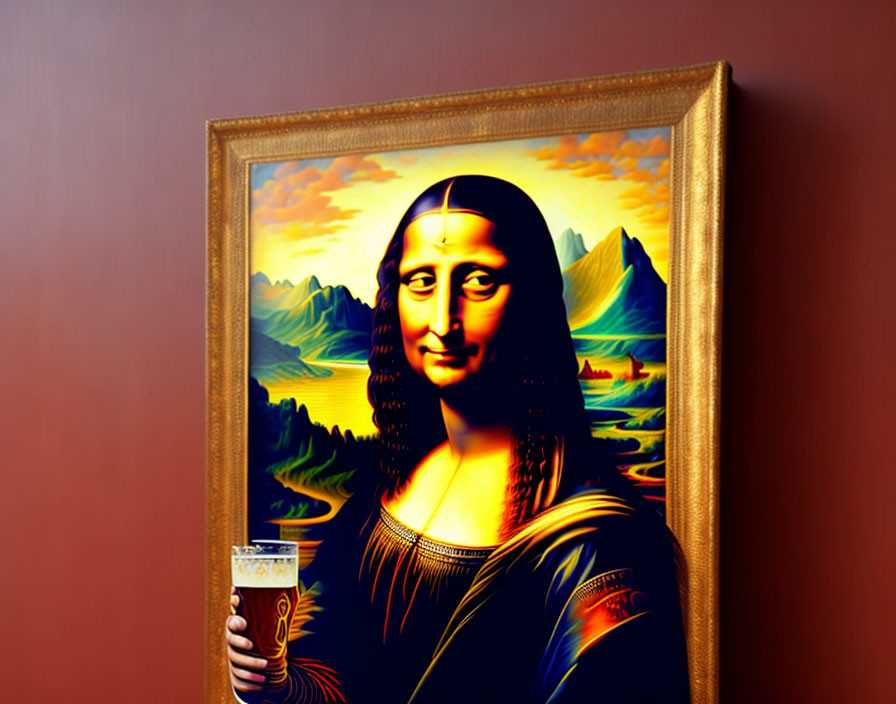 Stylized Mona Lisa with beer glass in surreal landscape