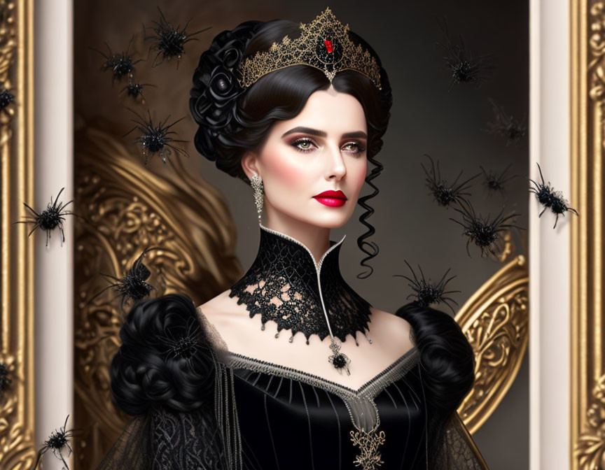 Victorian-style woman in black dress with lace and crown near golden mirror with spiders