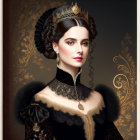 Victorian-style woman in black dress with lace and crown near golden mirror with spiders