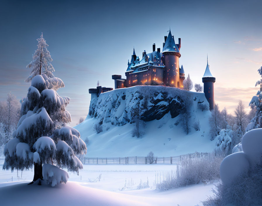 Snow-covered castle on hill in winter twilight