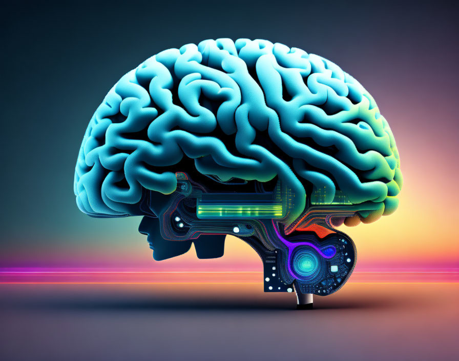 Illustration of stylized human brain on neon-lit circuit board base