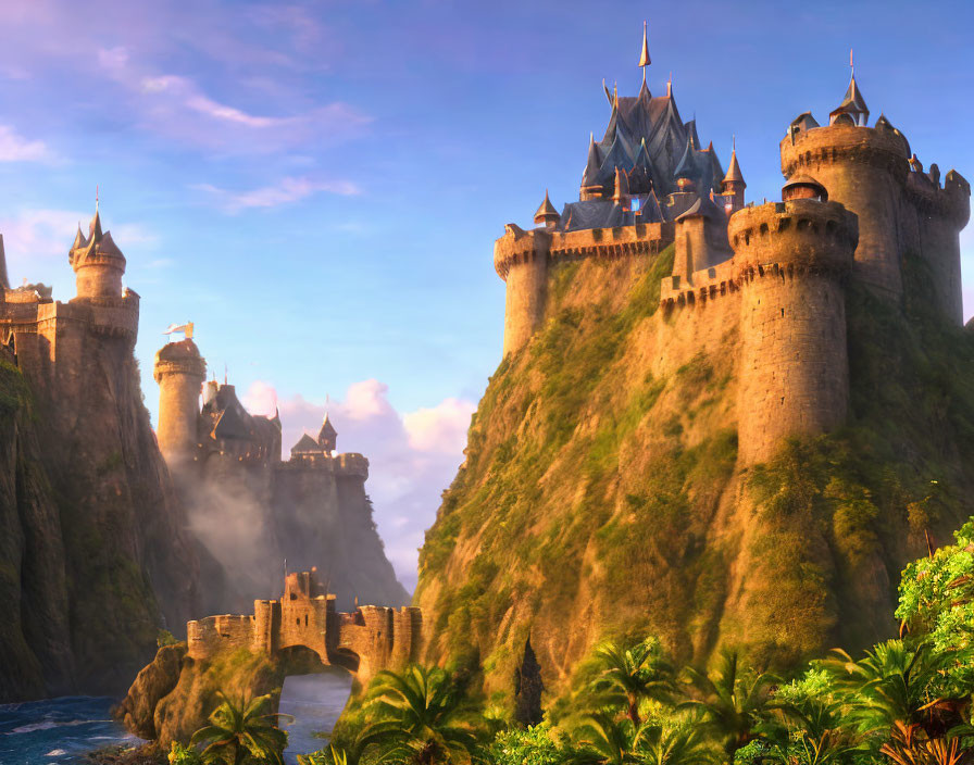 Majestic castle with spires on cliff by ocean in warm sunlight